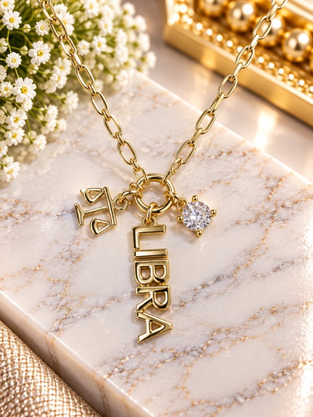 LIBRA Gold Zodiac Charm Necklace Crystal Accent Astrology - Women's Jewelry